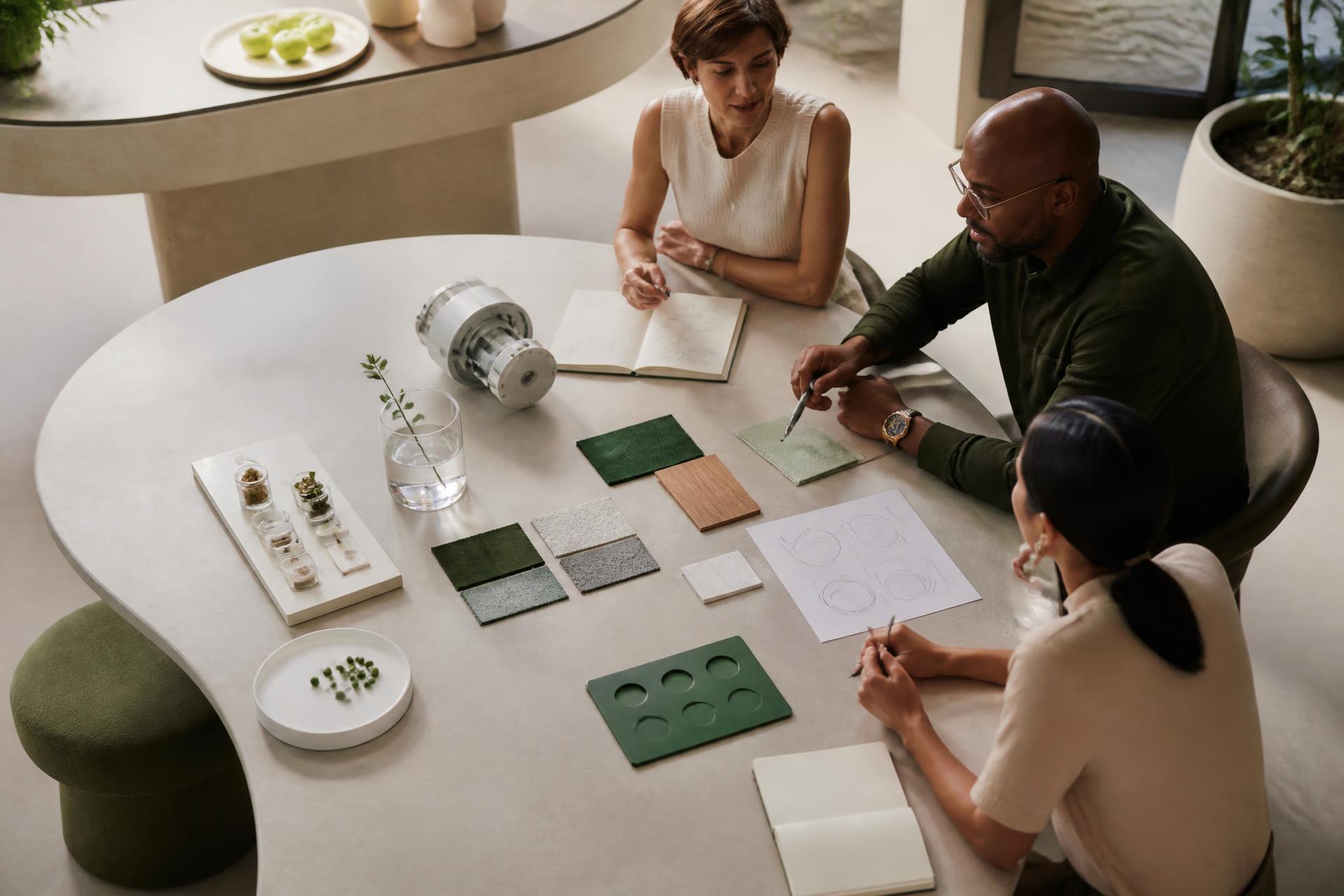 Specialists collaborating around materials and technical prototypes in a modern innovation studio